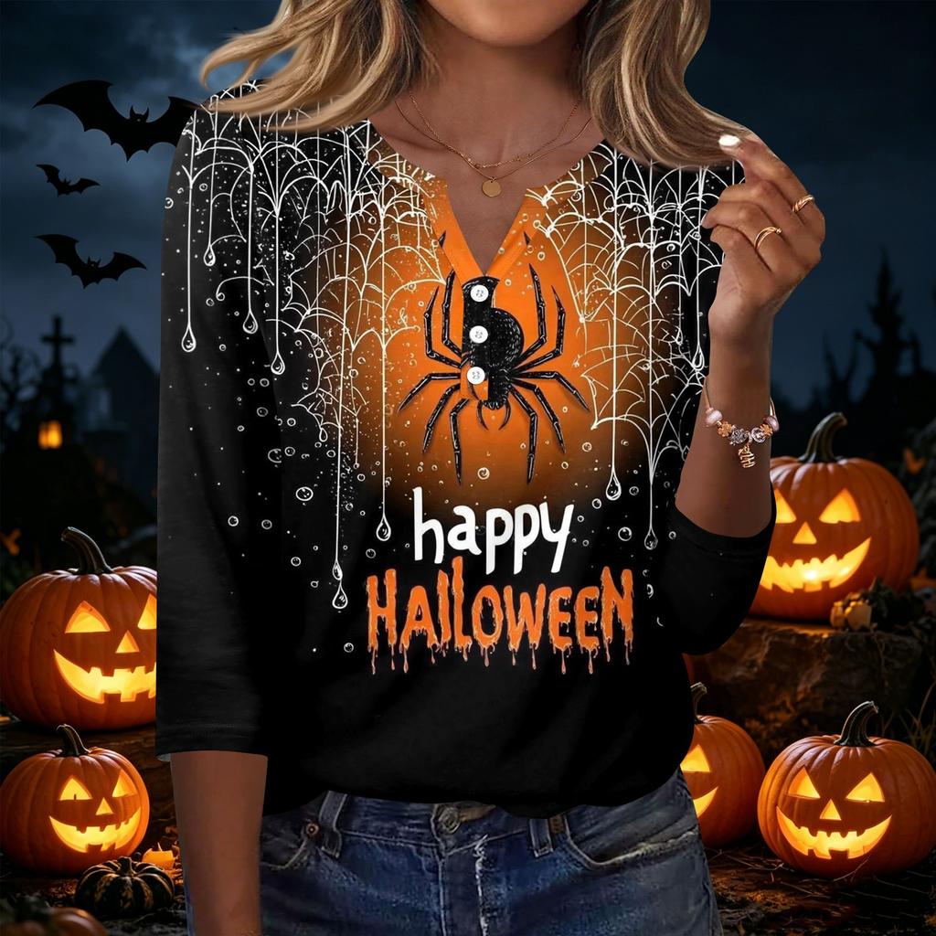 Women Casual Halloween Print V Neck Button Detail Three Quarter Sleeve T Shirt Top Suitable for Seasonal Wear and Everyday Use
