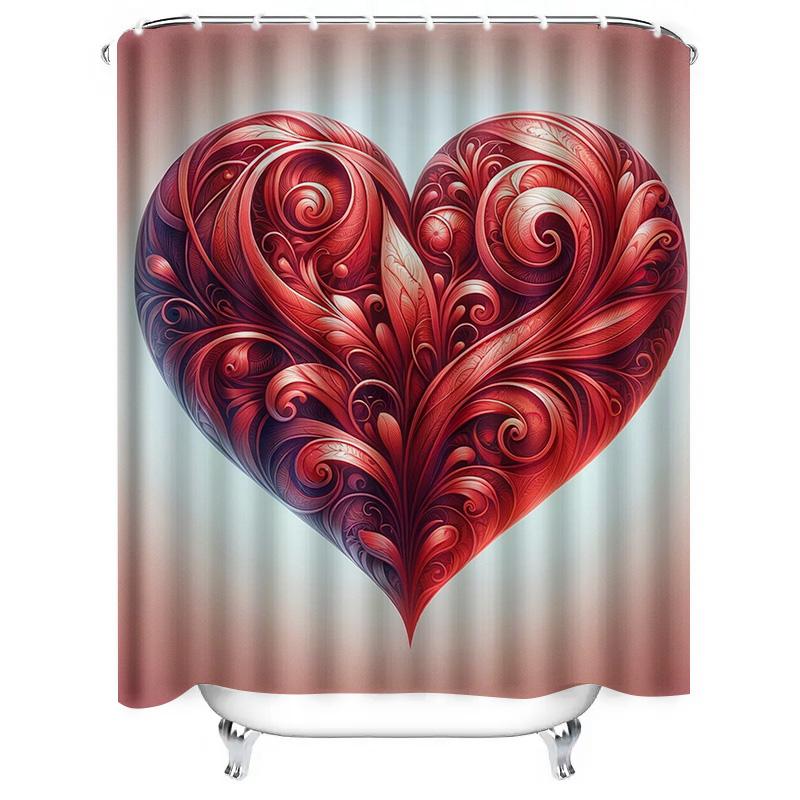 Elegant Red Filigree Heart Shower Curtain - Waterproof, Mildew-Resistant, Machine Washable for Romantic Bathroom Decor