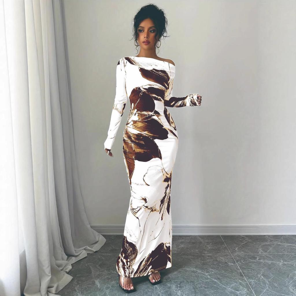 2026 One-Shoulder White Floral Slim-Fit Maxi Dress for Women
