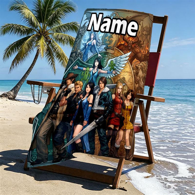 Custom Name Personalized Final Fantasy Print Beach Towel, for Trip Camping Beach Party Home Decor, Birthday Gift for Family & Friends
