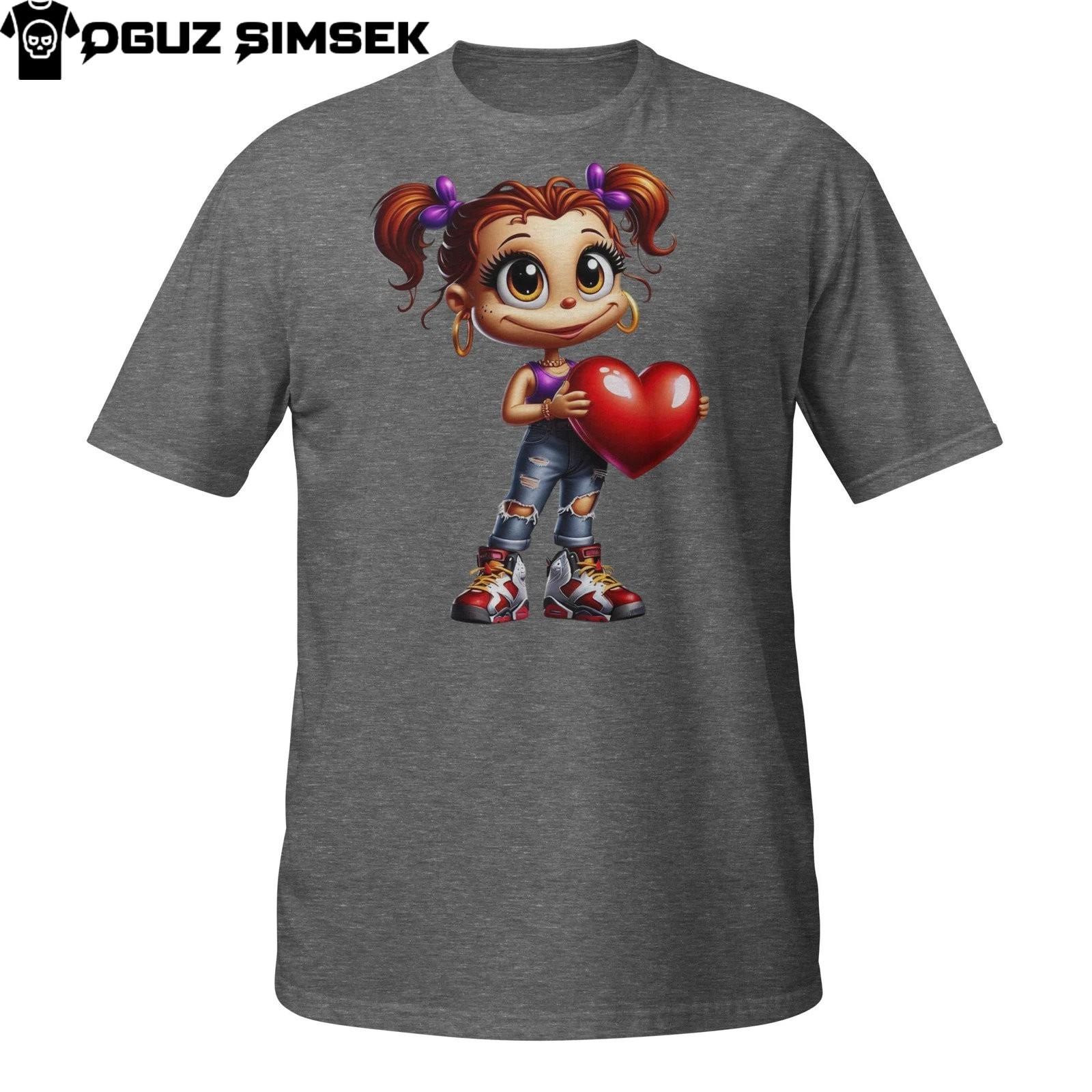 Valentine s Day Cute Girl T-Shirt Mens Womens Tees Top – Urban Streetwear Style Holding a Heart M