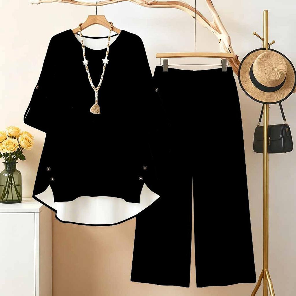 Women Plus Size Round Neck Mid Sleeve Printed Asymmetrical Top Wide Leg Pants Two Piece Set
