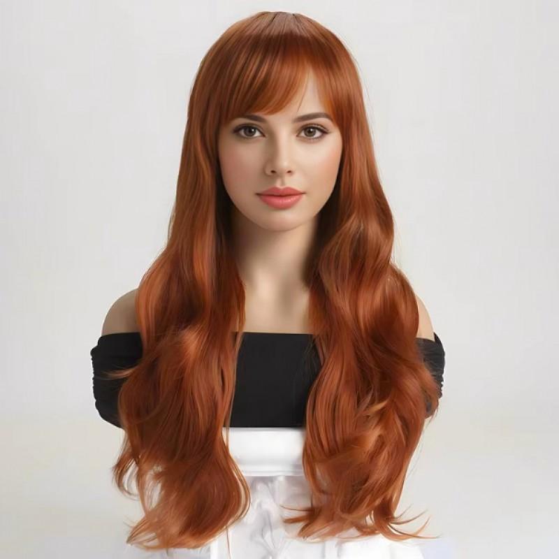 Womens Long Wavy Synthetic Wig With Adjustable Bangs Full Cap Heat-Resistant Hairpiece Daily Wear