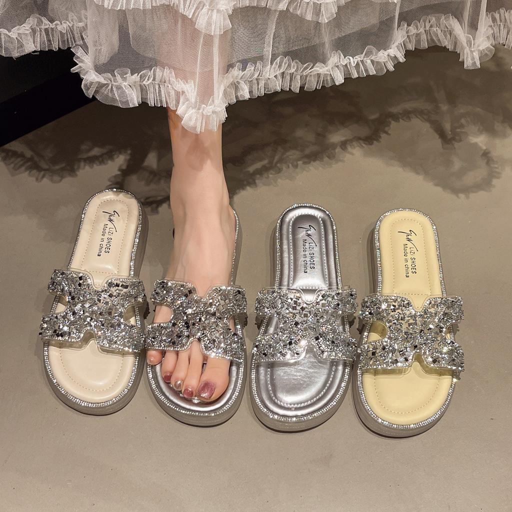 Summer Flat-bottomed Slippers Sweet One-word Commuting Will Drag Rhinestones Thick-bottomed Comfortable Versatile Summer Fashion Slippers