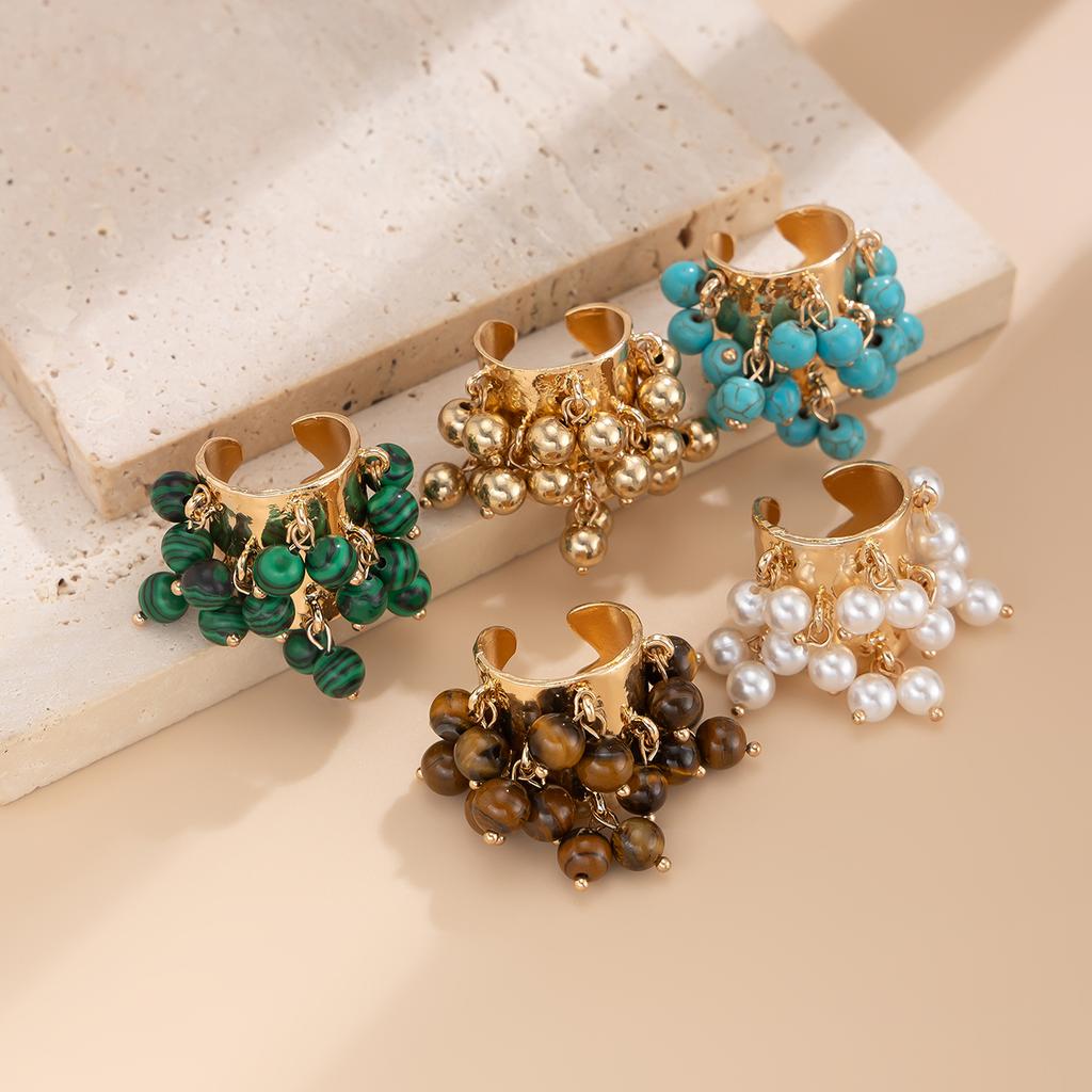 KunJoe Anneau Ouvert en Perles de Pierre Naturelle Colorées Bohémiennes pour Femmes Bague Large Épaisse à Imitation de Perle Accessoires Y2K