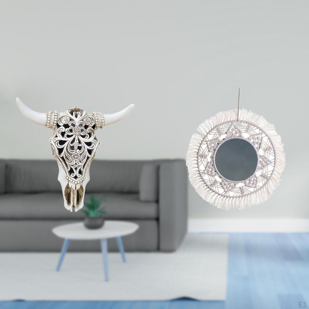 Tribal Bull Head Wall Hanging Art with Boho Mirror Decor for Office Farmhouse Bedroom Living Room