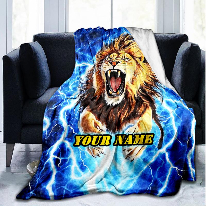 1PC Custom Name Lion Power Energy outdooor Flannel blankets Patterns Throw Blanket All-Season Soft Gift for Couch, Bed, Camping gifts