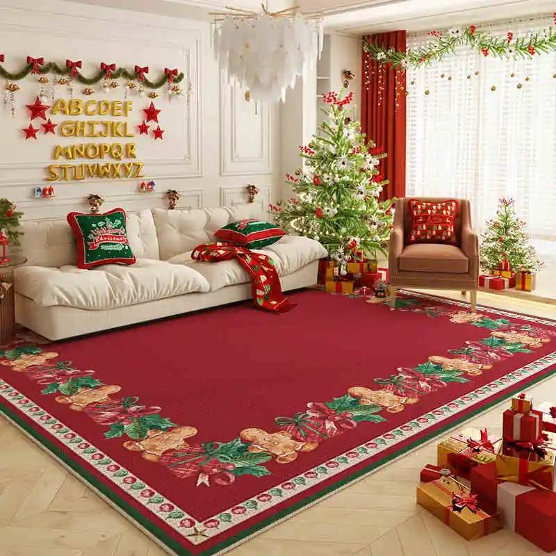 Christmas Gingerbread Man Area Rug Red Base Holly Border Soft Non Slip Washable Carpet for Living Room Holiday Decor