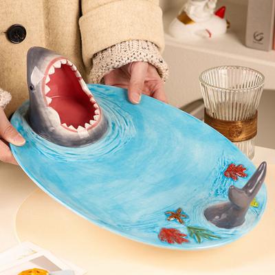 Shark Shape Dumpling Plate with Soy Sauce Dish Creative Handmade Shark Shape Platter for Sushi Cheese Board Party Tray Cute Home Dining Decor