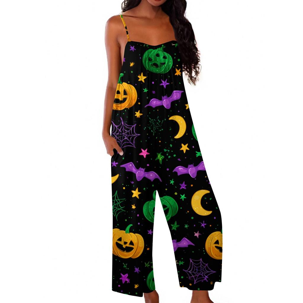 Womens Halloween Print Casual Loose Fit Jumpsuit Spaghetti Strap Wide Leg Romper One Piece Outfit for Everyday Wear