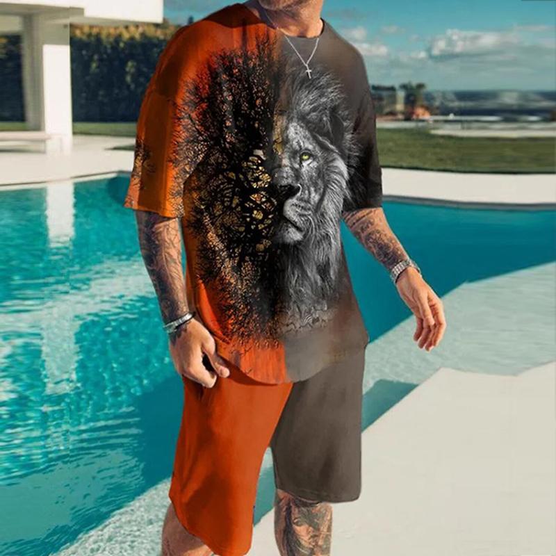Men's Shorts and T Shirt Set T-Shirt Outfits Red Cracks Prints Crew Neck Outdoor Street Short Sleeve Apparel 2pcs Basic Classic