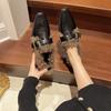 Retro Velvet Warm One-word Buckle with Square Head Soft Leather Comfortable Soft Sole Fluffy Single Shoes Women's Shoes Winter