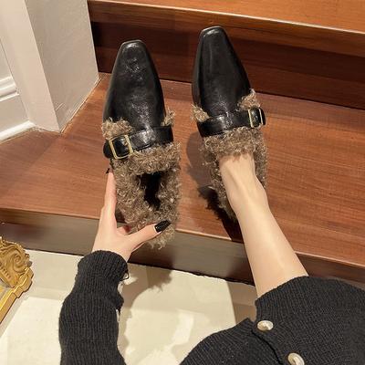 Retro Samt warm Ein-Wort-Schnalle mit eckiger Spitze weiches Leder bequem weiche Sohle flauschige Einzel-Schuhe Damenschuhe Winter