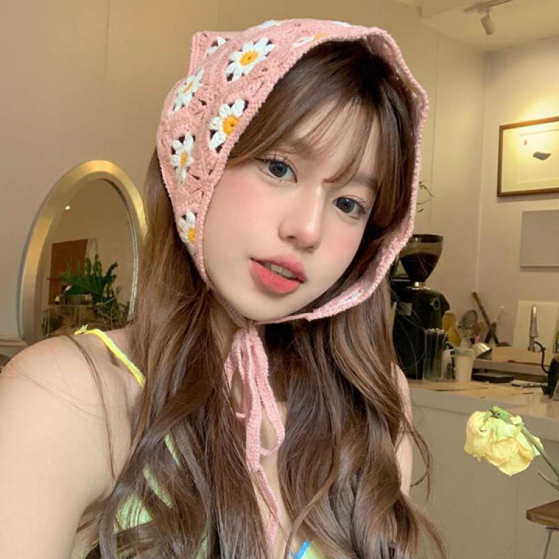 Fanelli Lovely Daisy Crochet Embroidery Knit Bandana Bonnet pink