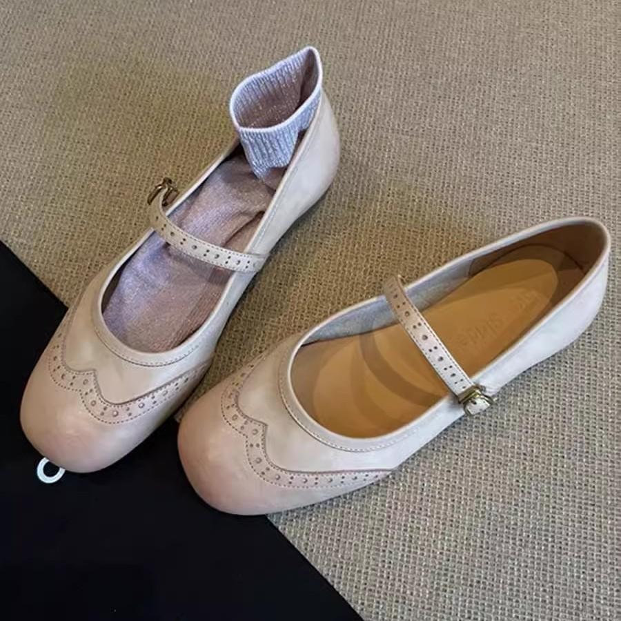 Cowhide~ Genuine Leather French Single Shoes Women's Flat 2025 New Models with Skirts, Ballet Shoes, Retro Engraved Mary Jane Shoes