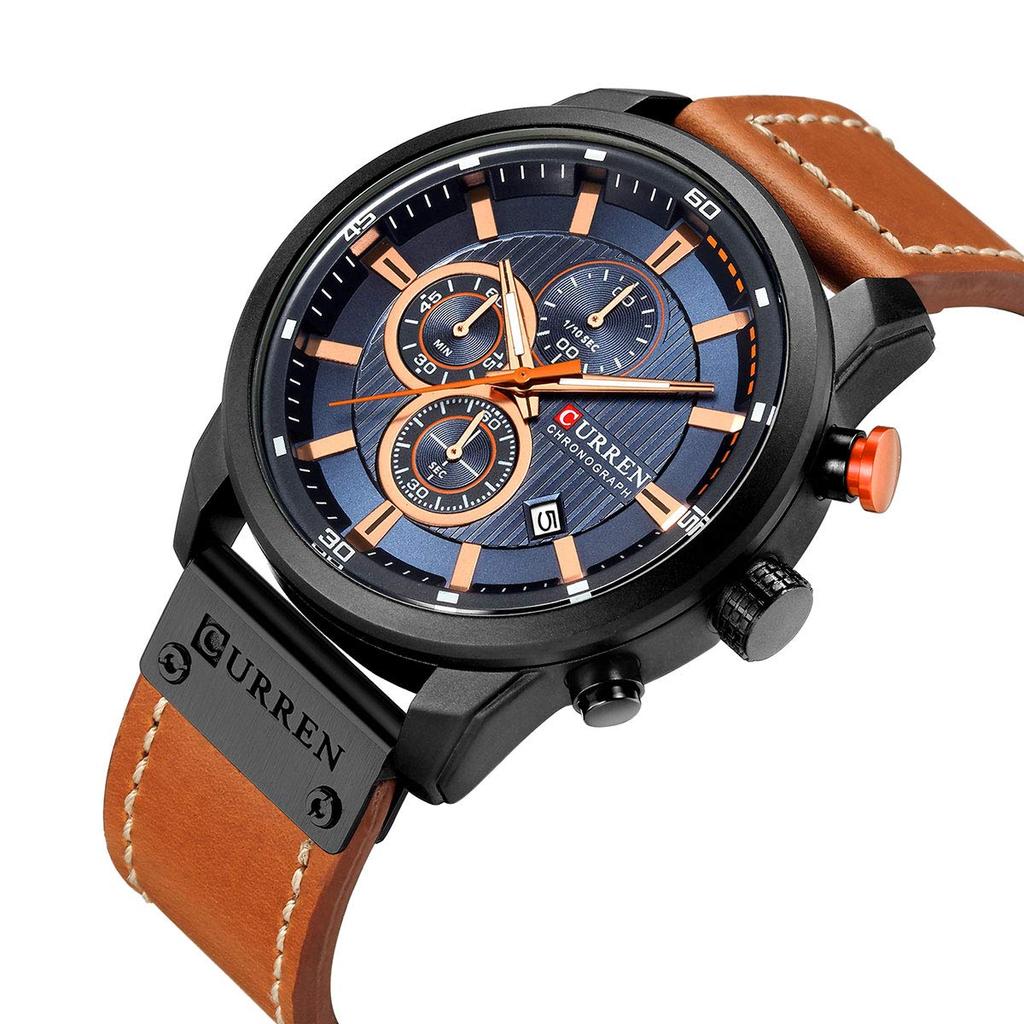Men's Leather Strap Military Watch Men's Chronograph Waterproof Sport Wrist Date Quartz Wristwatch Gift (Gold Braun), Gold Braun, Chronograph, Quartz