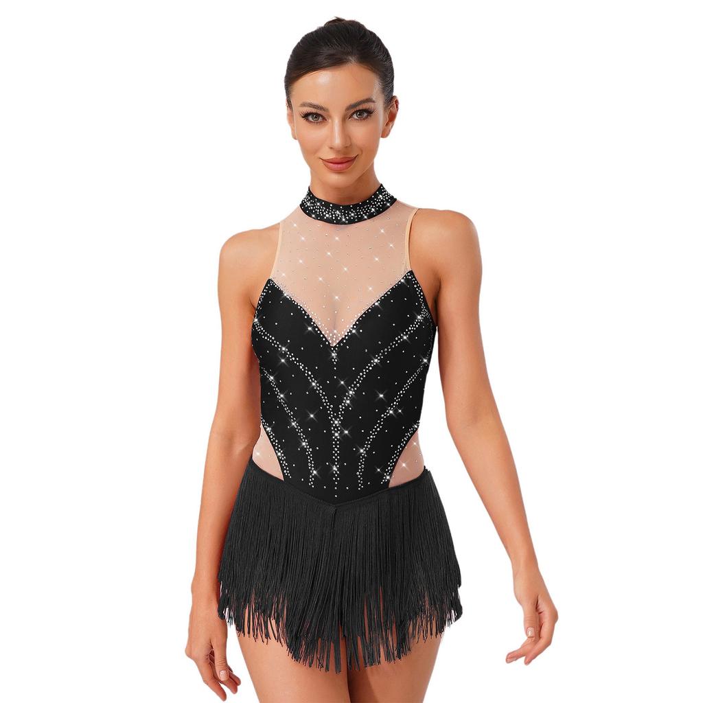 Pailletten Fransen Body für Damen Neckholder Jazz Latin Tanz Samba Chacha Quaste Leotard Akrobat Kostüm