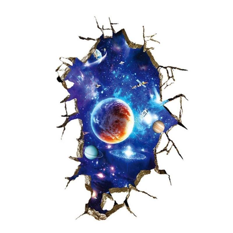 New 1Pc 3D Stereo Broken Wall Space Planet Wall Sticker Bedroom Living Room Ceiling Decoration Paste