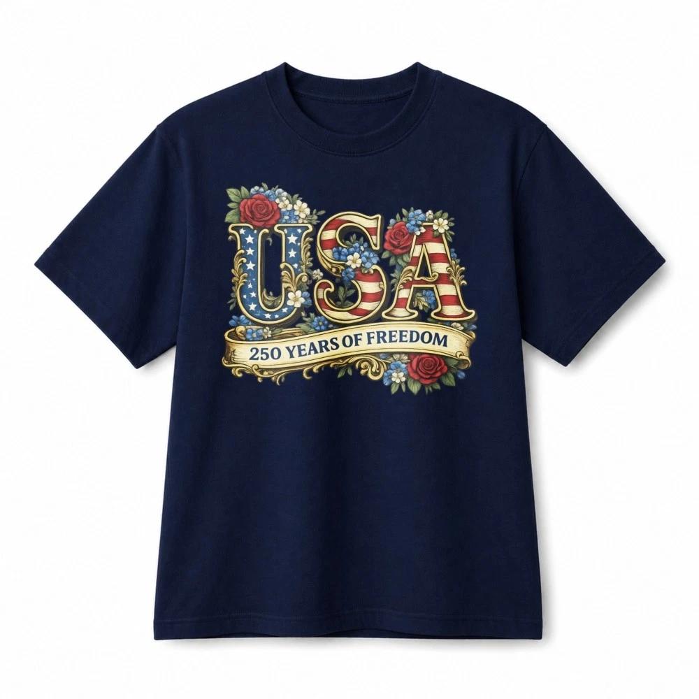 USA 250 Years of Freedom Floral Patriotic Retro Graphic Cotton T-Shirt Unisex XL