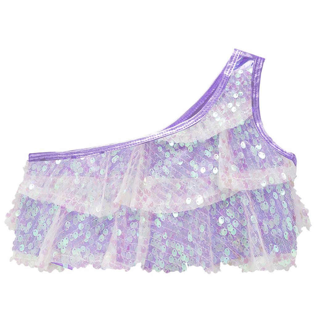 Girls Dance Top Shiny Sequins Tiered Ruffles Sleeveless Crop Top Metallic One Shoulder Vest