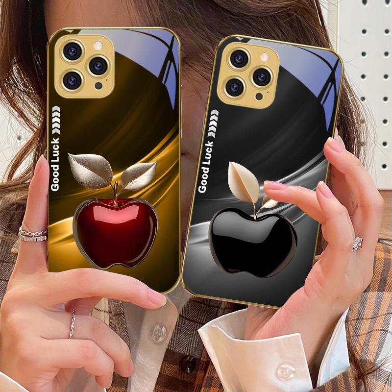 Simple Black Happy Apple For IPhone 16 Pro Max 15 P Ro 14 13 Plus 12 Mini 11Pro Max XS Max XR Golden Tempered Glass Phone Case
