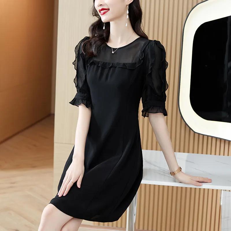 Women's Black Elegant A-Line Dress Sheer Mesh Ruffle Half Sleeve Round Neck Casual Party Mini Dress