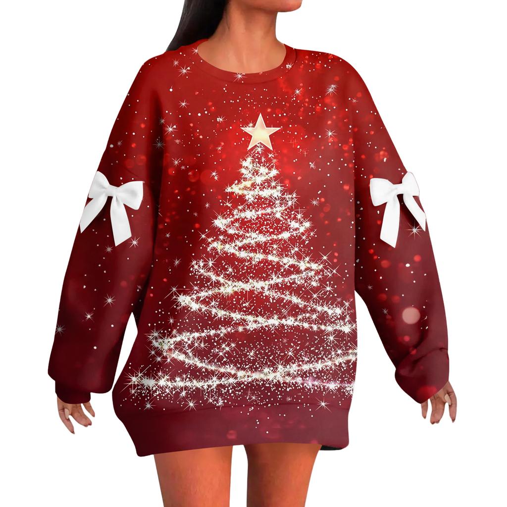 Ladies' Christmas Printed Bow Round Neck Long Sleeved Loose Pullover Sweater Sweatshirt Top