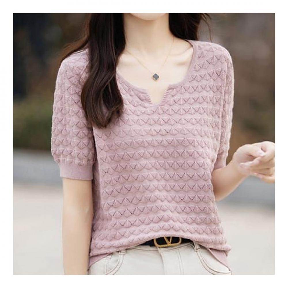 Navava Simple Daily Punching Trim Neck Short Sleeve Knit Tee Nk2020