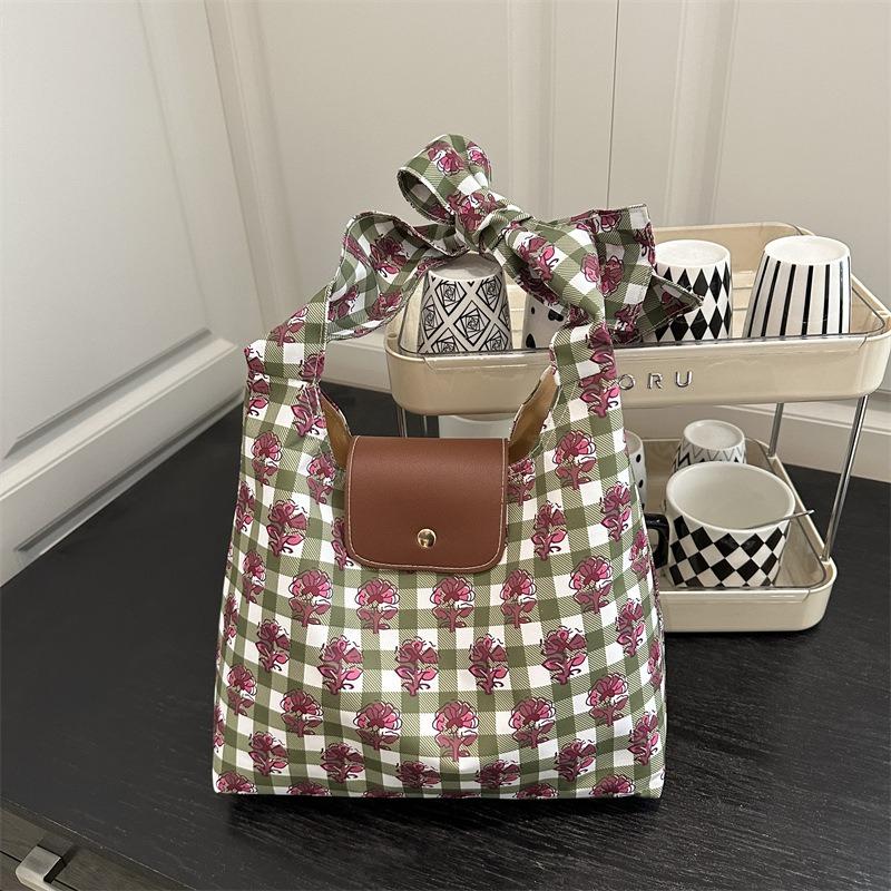Summer aesthetic plaid flower print lightweight handbag casual large capacity versatile shoulder underarm messenger bag women
