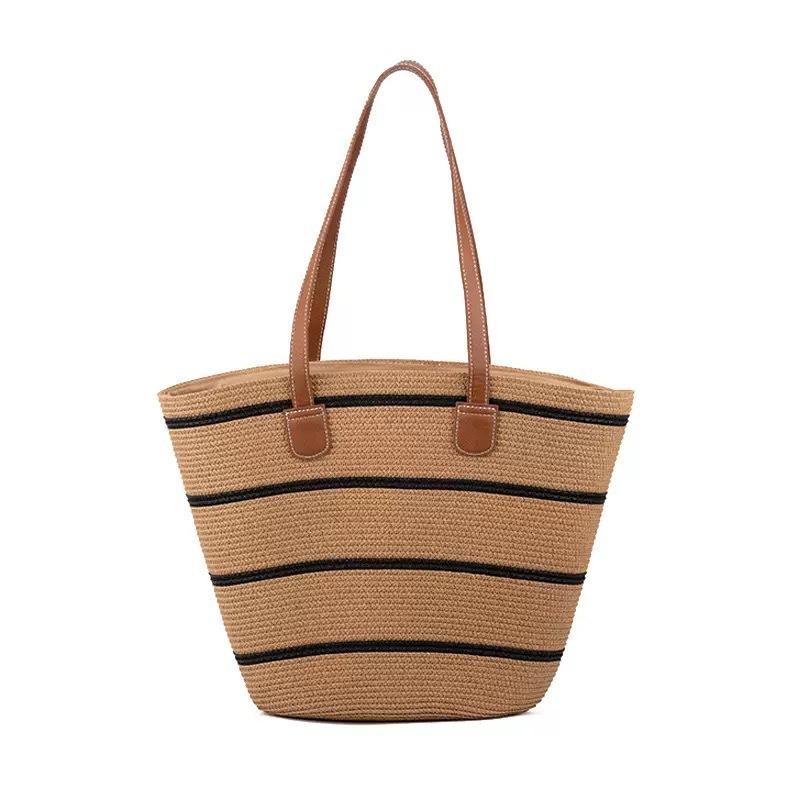 Shoulder Striped Straw Bag Woven Bag Large Capacity Portable Tote Bag Women's Beach Bag Zipper Vintage Woven