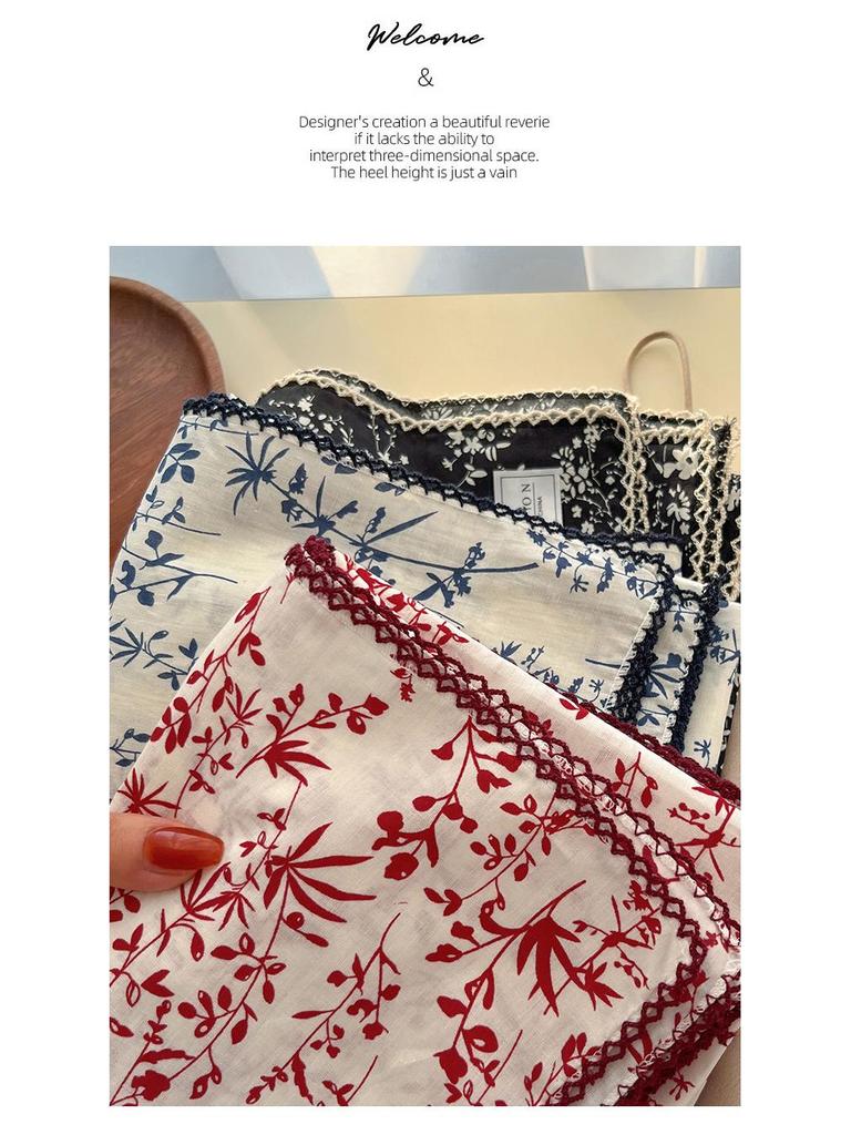 Women's Retro Floral Silk Cotton Scarf: Black Rice Square, Hair Band, Neck Warmer, Headscarf - Spring/Summer.