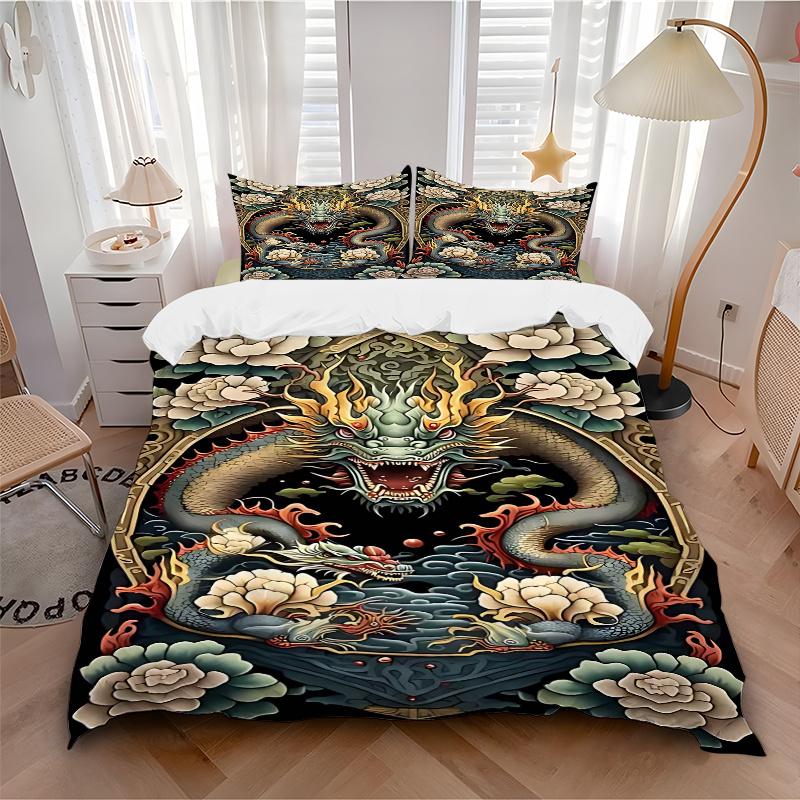 

3pcs Anime Dragon Comforter Set with Two Pillowcases (No Core), Home Decor, Festival Gift, Polyester Fabric, Anime Cartoon Design 135x200cm