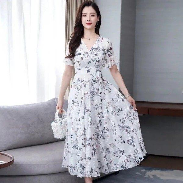 Large Size Ice Silk Floral Medium and Long Dress Women's Summer New Horn Sleeve Super Fairy Dress Slim Long Waist Skirt Tide