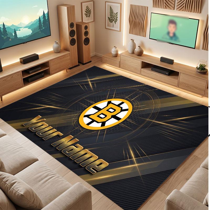 Boston Bruins Personalized Crystal Velvet Carpet, Customized Name Text Soft Anti‑Slip Rug for Living Room Bedroom