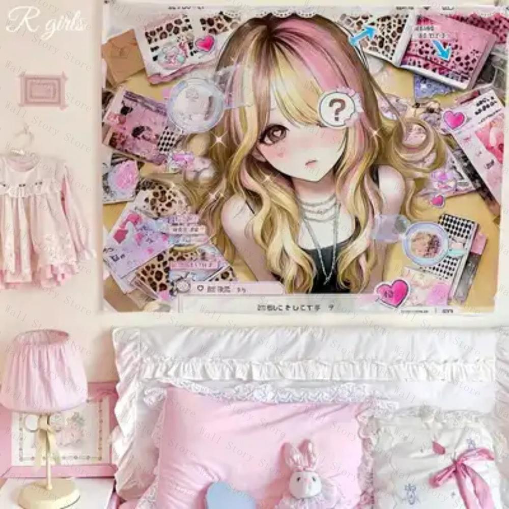 

Y2K Aesthetic Anime Girl Tapestry Leopard Print Cute Kawaii Wall Hanging for Bedroom Tapestry Dorm Decor Bedside Tapestry 74x94cm(29x37in)
