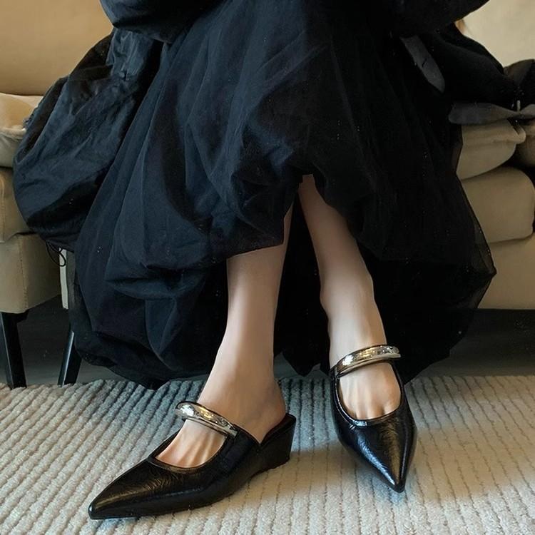 Sheepskin Version~ Black Bag Head Half Slippers Women's Outer Wear Temperament Niche Pointed Metal Word with Wedge Heel Muller Shoes