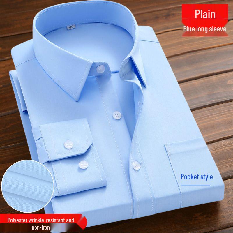 Men's Blue Long-Sleeve Business Shirt - Spring/Autumn Professional Workwear with Pocket Style