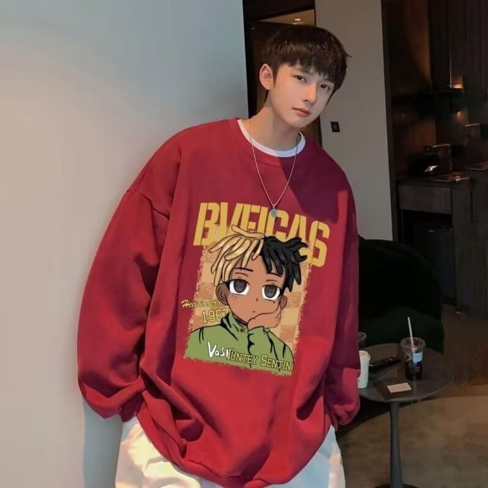 Sweater men's crew neck print cartoon loose trend versatile hip hop, Hong Kong style boys autumn clothes tide