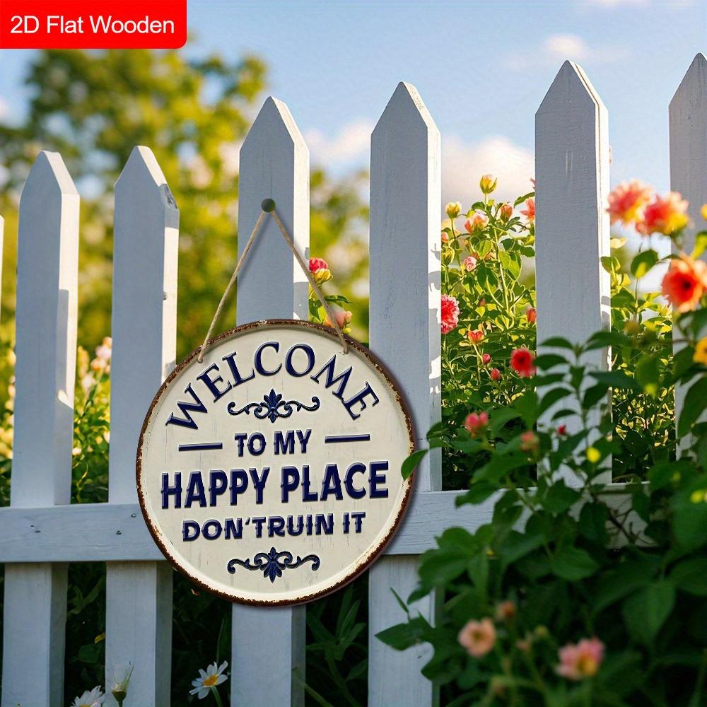 Panneau de Bienvenue en Bois Happy Place - Ornements de Figurines Uniques - Idéal pour Porte d'Entrée, Cour, Porche, Décoration de Pièce