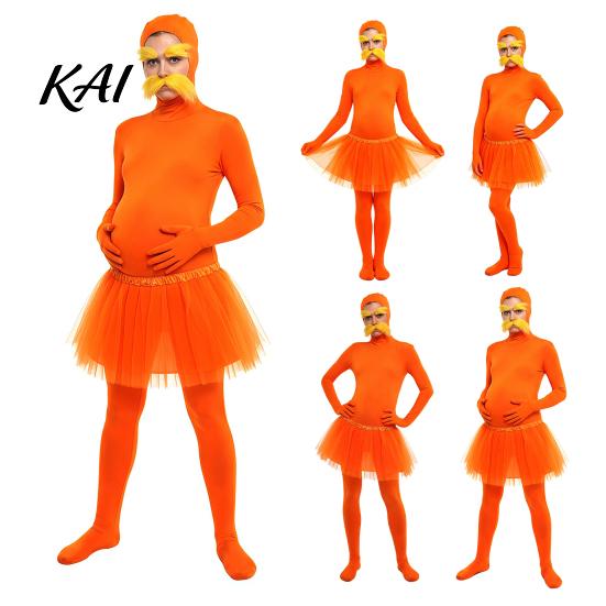 Adults Spandex Unitard Orange Full Bodysuit, with Tulle Skirt, Fake Belly, Yellow Mustache & Eyebrows, Solid Color Costume Open Face Zentai