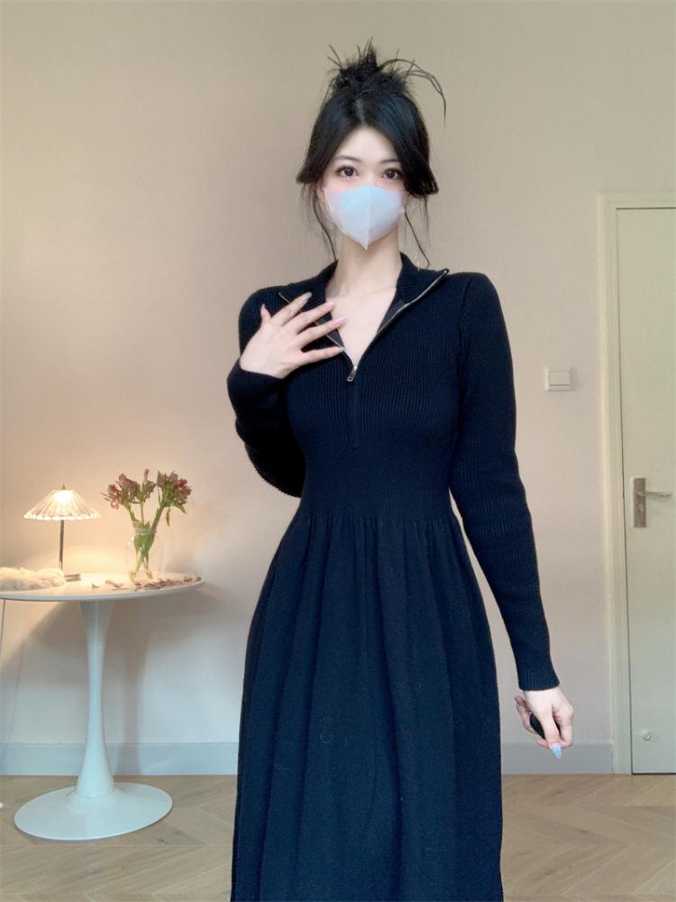 Black Sweet Slim Long Sleeved Dress Knitted Female Autumn New Elegant Patchwork Pleated Dresses V-neck Fashion Sense Clothing Streetwear Winter