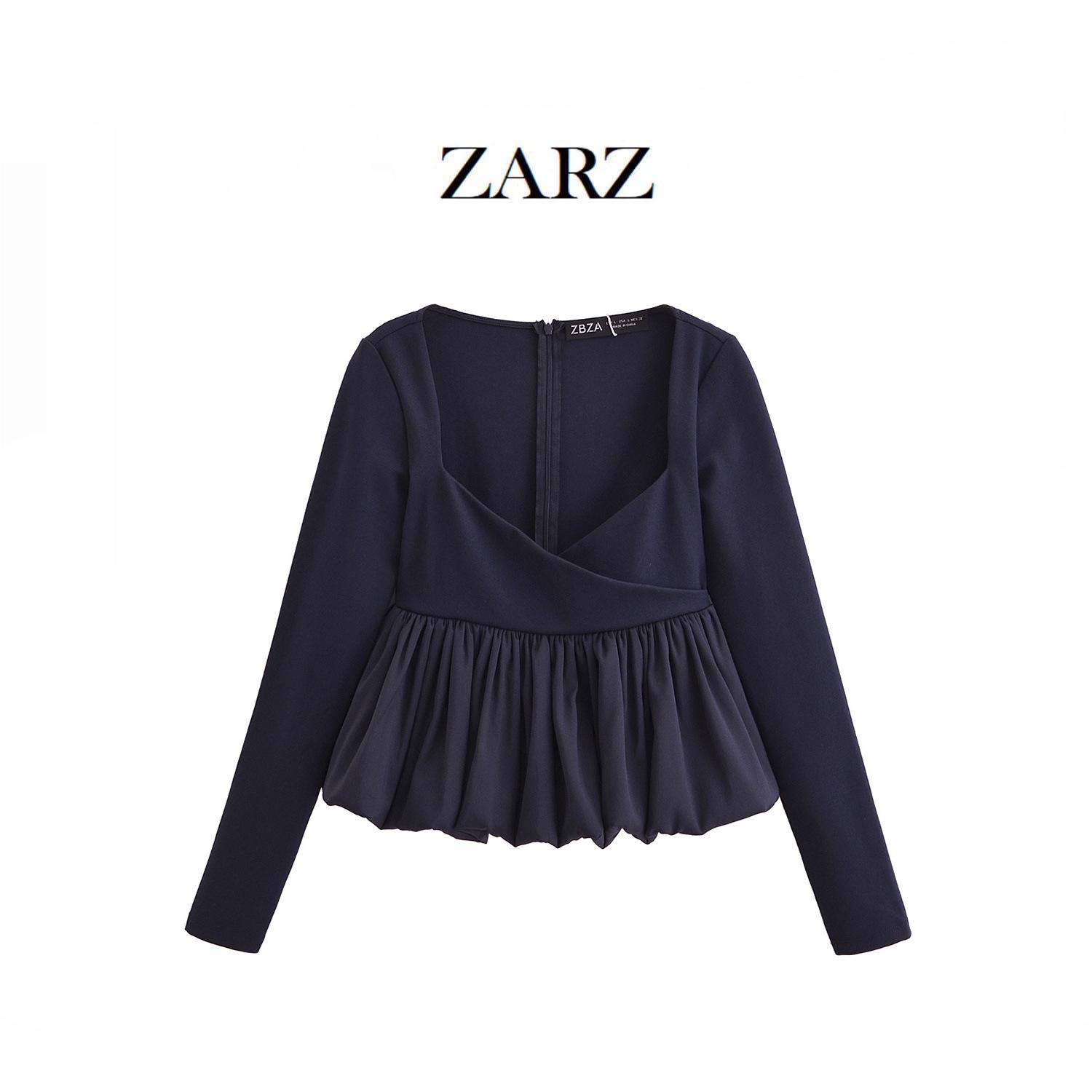 

ZARZ DIY Women s Fashionable Versatile Pleated Puff Hem Top - European & American Style 1014805 Medium темно-синього кольору