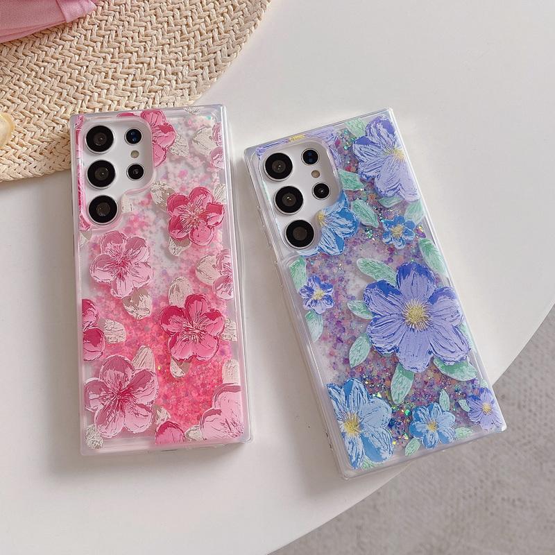 Leuchtende Flüssig-Treibsand-Hülle mit Blumendruck für Samsung S25 Ultra S24 Plus S23 S22 A55 A35 A15 Transparent Stoßfest Anti-Fall Handyhülle