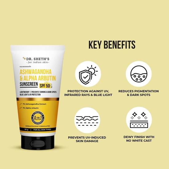 Dr. Sheth's Ashwagandha & Alpha Arbutin Sunscreen SPF 50+ PA++++ | 2 in 1 Solution for Hyper Pigmentation | 50g For All Skin Type