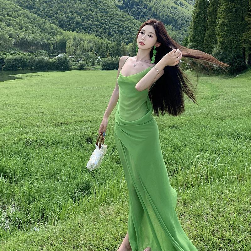 Western Sichuan Grassland Design Sense Green Swing Neck Slightly Transparent Chiffon Suspender Dress Backless Vacation Beautiful Long Dress