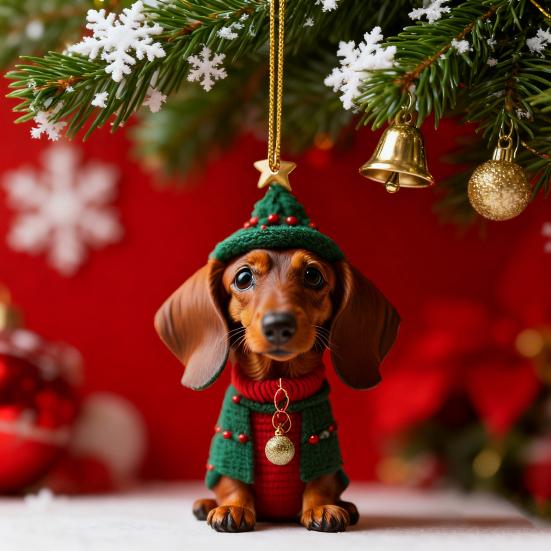 1/7Pcs Christmas Acrylic Dachshund Hanging Decoration Car Rearview Mirror Xmas Tree 2D Flat Santa Hat Dog Hanging Ornament Holiday Party Pendant