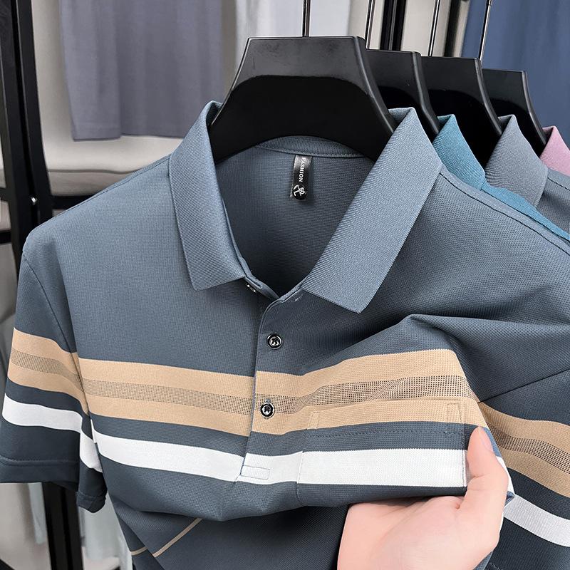 

Футболка с короткими рукавами и полосатым лацканом, мужская повседневная деловая рубашка-поло больших размеров 4XL