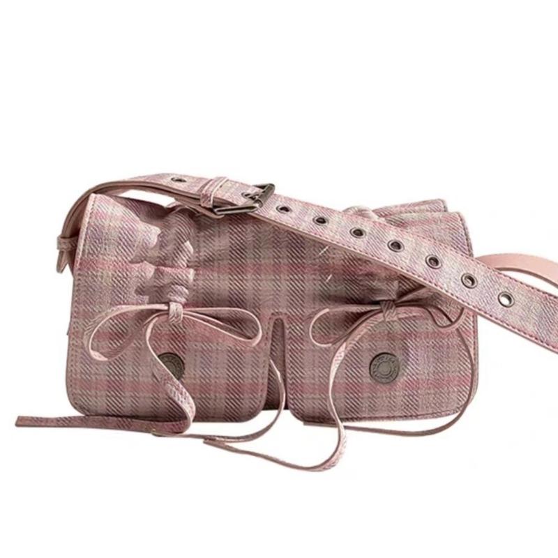 Женская Эстетичная Винтажная Клетчатая Сумка Под Мышку из Искусственной Кожи Плиссированная Милая Сумка на Плечо Кроссбоди Сумка Под Мышку 1 розовый