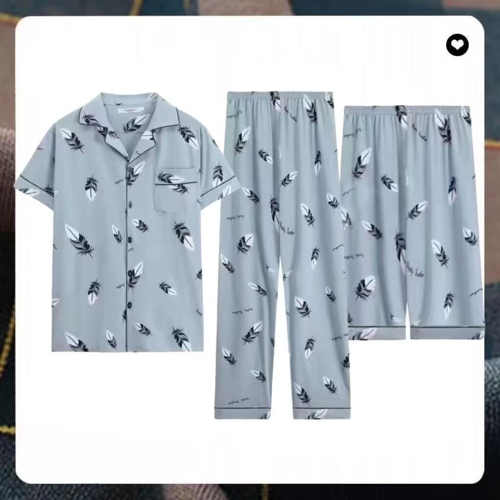 Pigiama da Uomo Abbigliamento da Casa Tre Pezzi Cotone da Uomo Primavera e Estate Maniche Corte Pantaloncini Pigiama Leggero Set Abbigliamento da Casa