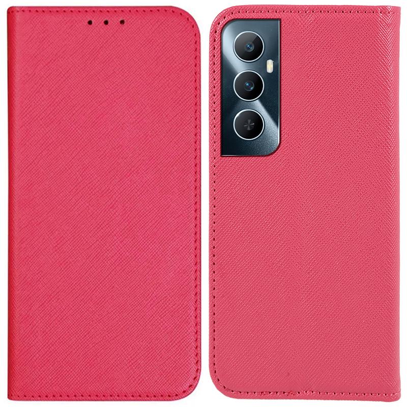 

For Realme C65 4G Case Cross Texture Leather Folio Phone Cover Strong Magnetic Closure Pink